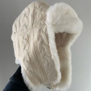 Eddie Bauer White Crochet and Faux Fur Trapper Winter Hat